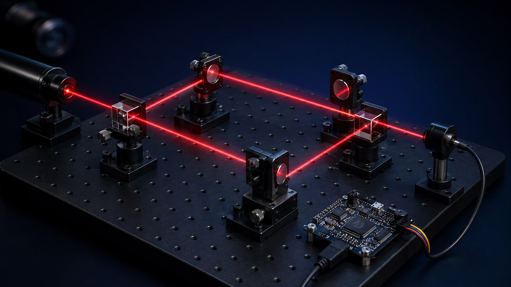 Tabletop Mach-Zehnder-style optical bench visualization